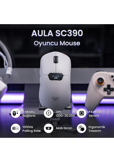 Aula Sc390 Paw3311 Sensör 20000 Dpı 1000hz Kablolu Ve Kablosuz Gaming Oyuncu Mouse Beyaz Sc390