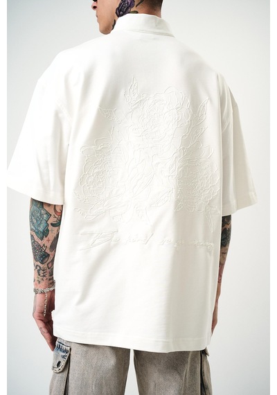 Respire Erkek Be Kind Nakışlı Yarım Fermuarlı Oversize T-shirt Ekru
