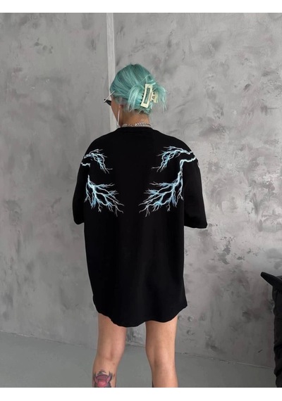 Freedom Storee Kadın Bisiklet Yaka Baskılı Kısa Kol Oversize T-shirt - Siyah Çok Renkli