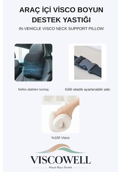 Visco 2 Adet Araç Oto Boyun Destek Yastığı Visco Baş Yastığı Ortopedik Yastık Siyah