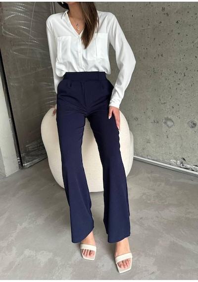 Ribana Classic Beli Cırtcırtlı Likralı Krep Pantolon Lacivert