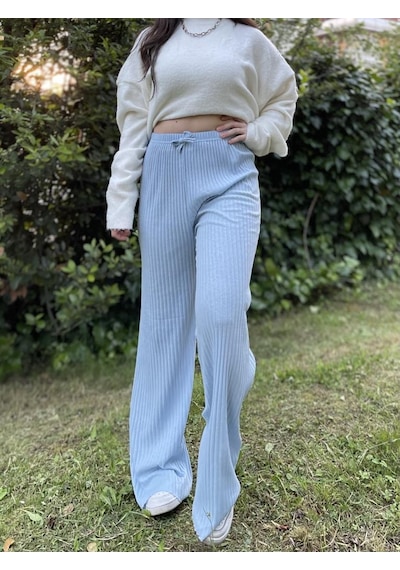Kadın Fitilli Çizgili Penye Raporlu Pamuklu Pijama Altı Eşofman