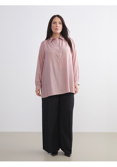 Lcwaıkıkı Classic Pembe Gömlek Yaka Çizgili Oversize Kadın Tunik