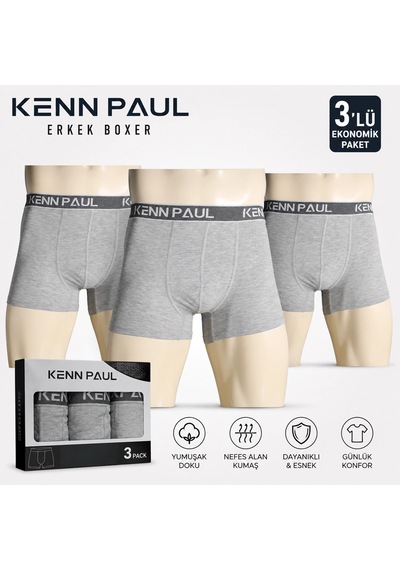 Kennpaul Likralı Erkek Boxer 3 Adet gri