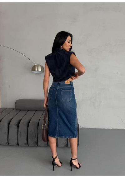 Zeo Basic Yırtmaçlı Midi Boy Jean Etek Mavi+taşlamalı