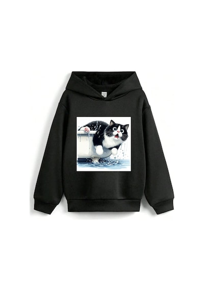 Stil X Sevimli Kediler Baskılı Kapüşonlu Çocuk Sweatshırt Siyah-2