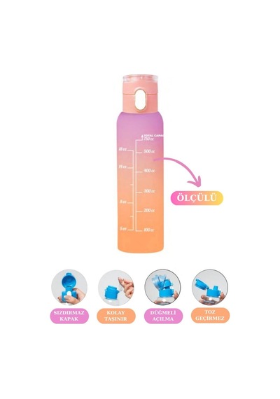 Flosoft Okul Ve Sporcu Matarası Suluk, Motivasyonel Su Şişesi 2 Li Set Turuncu 1000Ml+750 Ml