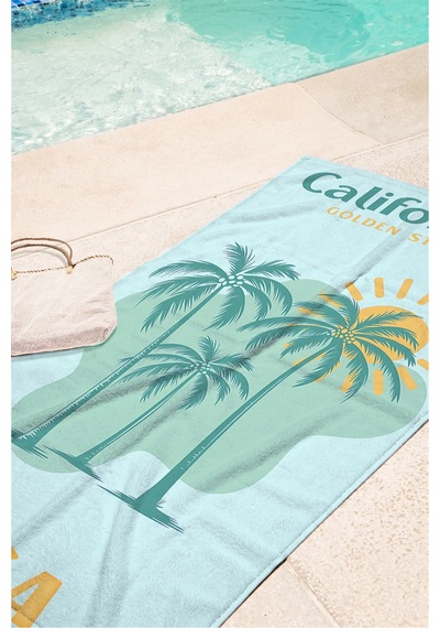 Palmiye Tropikal California Plaj Havlusu - Mint Sarı Akdeniz Marine Hızlı Kuruyan Mikrofiber Havlu Çok Renkli