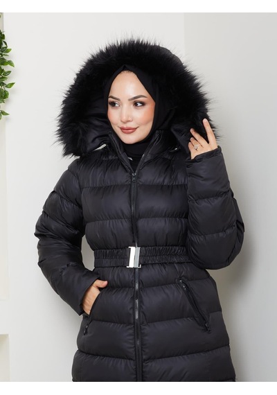 Hb Harma Time Butik Kadın Bel Kemerli Kapüşonlu Uzun Şişme Siyah Mont