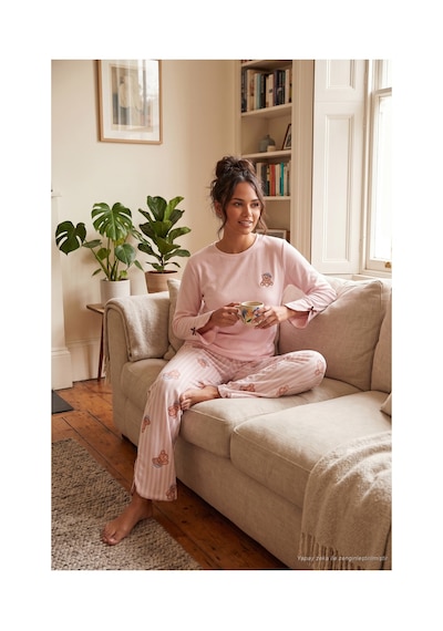 Lela Ayıcık Desenli Lastikli Bel Uzun Kollu Yumuşak Dokulu Pijama Takımı Kadın Pijama Takımı 6575023 Pembe