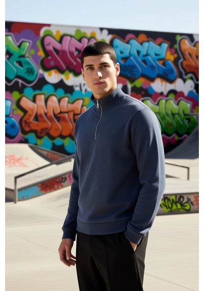 Benerly Erkek Dik Yaka Standart Kol Regular Kalıp Sweatshirt Fonksiyonel Indigo