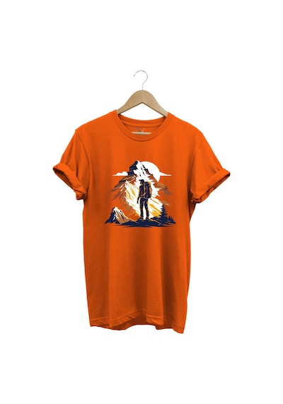 Mountain Dağ Yürüyüşü Ve Kar Manzara Baskılı %100 Pamuk Unisex Regular Fit T-shirt Turuncu