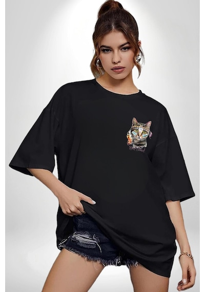 Red Cloud Kedi Hintli Siyah Oversize Unisex Ön Sol Yan Minimal Baskılı Tişört Koyu Siyah