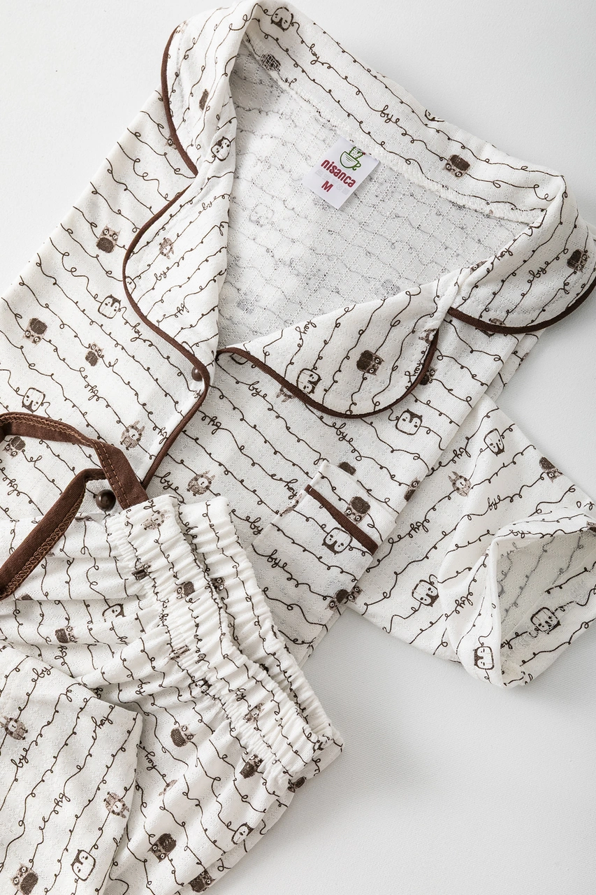Nisanca Uzun Kol Gömlek Yaka Kadın Büyük Beden Pinterest Pijama Takımı - Mevsimlik Kadın Pijama Kahve