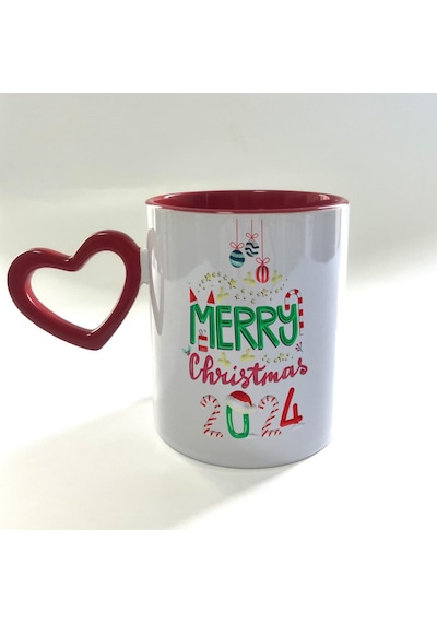 Merry Christmas 2024 Baskılı Boş Kalp Kulplu İçi Kırmızı Yılbaşı Kupası