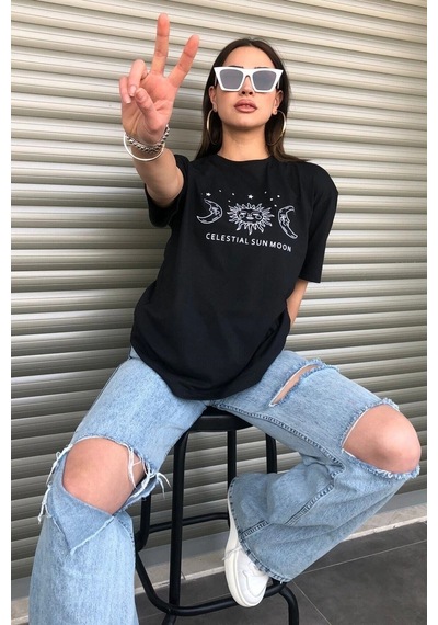 Startmore Bisiklet Yaka Siyah Ay Baskılı Oversize Siyah