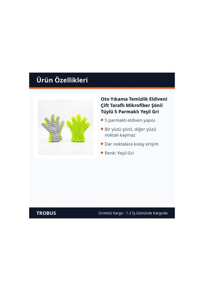 Trobus Oto Yıkama Temizlik Eldiveni Çift Taraflı Mikrofiber Şönil Tüylü 5 Parmaklı Yeşil Gri