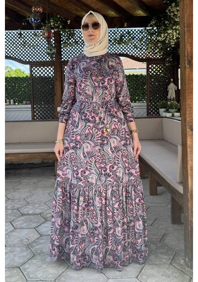 Rabia Şamlı Rengin Şal Desenli Gömlek Elbise Pembe Normal