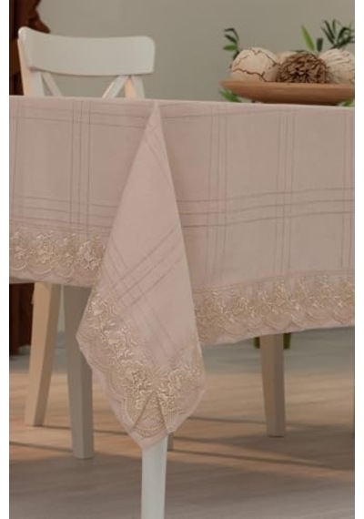 Tropik Home Dantelli Keten Efektli Leke Tutmaz Lüks Masa Örtüsü 160x220 Cm Bej Genel