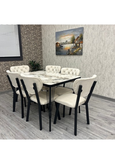 Akuamarin Mutfak Yemek Masası Takımı- 6 Kişilik Mutfak Masa Sandalye Takımı- Mutfak Masası Takımı Siyah Beyaz Mermer Krem