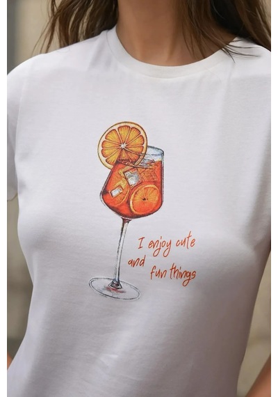 Hiccup Kadın Bisiklet Yaka Kısa Kollu Önü Baskılı Pamuklu T-shirt Turuncu