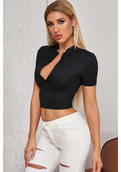 Veraura Lifestyle Kadın Siyah Yarım Fermuarlı Ve Kısa Kollu Crop Top Bluz