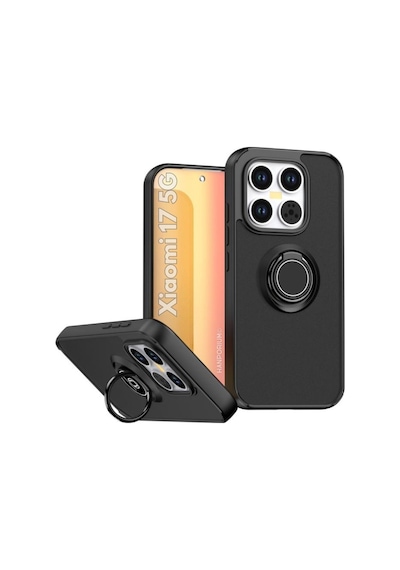 Xiaomi 17 Uyumlu Kılıf Yüzüklü Standlı Extra Darbe Koruma Sert Silikon Kapak - Siyah Siyah