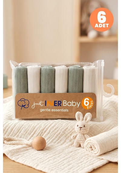 Just Inner Erkek Bebek 6'lı %100 Pamuk Ağız Mendili Düz Renk Dokulu Kutulu Set Nefes Alan Doku 582202 Yeşil