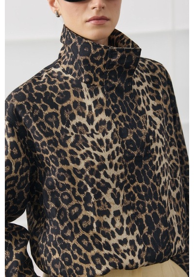 Molene Leopar Desenli Dik Yaka Bomber Ceket