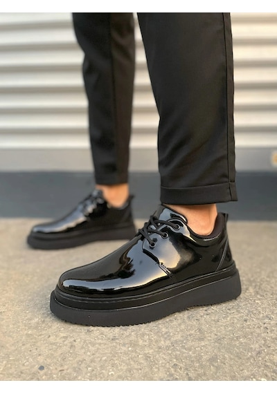 Mevese Ornex Erkek Deri Görünümlü Bağcıklı Casual Sneaker Klasik Günlük Ayakkabı - Siyah Rugan