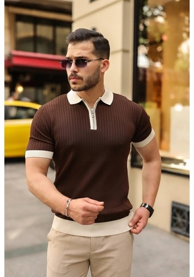 Valensdesign Erkek Yaka Ve Kol Detaylı Fermuar Yakalı Çizgi Desen Kısa Kollu Triko Tişört Kahverengi Valensdesign Erkek Yaka Ve Kol Detaylı Fermuar Yakalı Çizgi Desen Kısa Kollu Triko Tişört Kahverengi