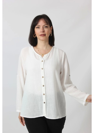 Moda Berray Bb-0269 Keten Kolu Apoletli Sıfır Yaka Büyük Beden Beyaz Gömlek Beyaz