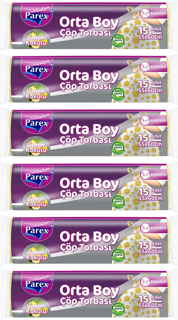 Premium Büzgülü Çöp Torbası Limon Kokulu 15'li Orta Boy 55 X 60 Cm Altılı Paket