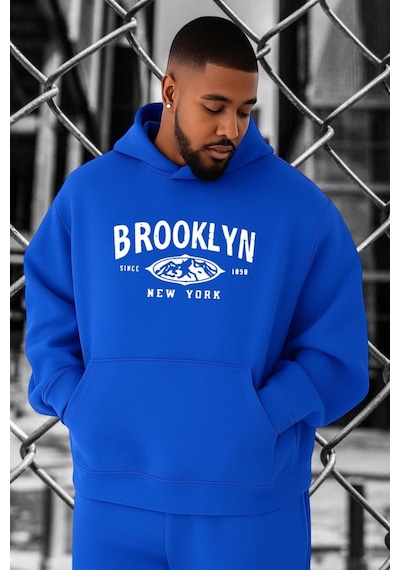Benroma 3 İplik Penye Brooklyn Baskılı Büyük Beden Sweatshırt Saks Mavisi