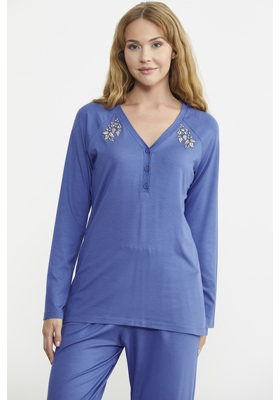 Sementa Nakış Detaylı Düğmeli Pijama Takım - Mavi Mavi