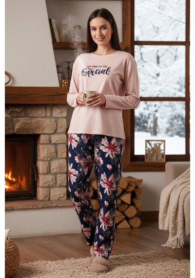 Remsa Kadın Çiçek Desen Suprem Pijama Takımı 0548 Pudra01 Pudra