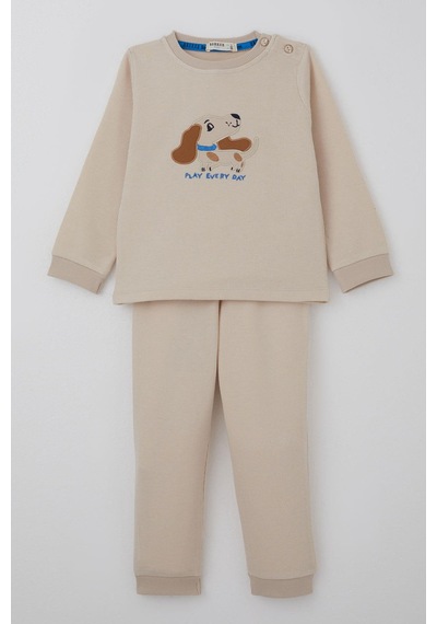 Breeze Erkek Bebek Eşofman Takımı Sevimli Köpekçik Nakışlı 9 Ay-3 Yaş, Krem Krem