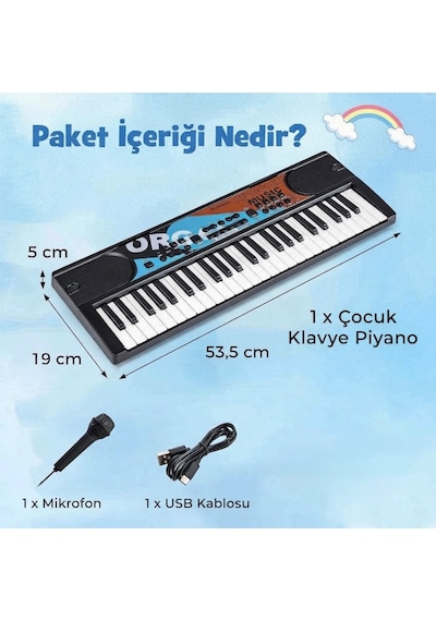 49 Tuşlu Usb Bağlantılı 10 Demo Parçalı 8 Ritimli Eğitici Oyuncak Org Müzikli Piyano