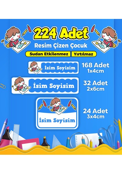 Ressam Çocuk Temalı Okul Kreş Kişiye Özel İsim Etiket Seti - Model 218 Çok Renkli