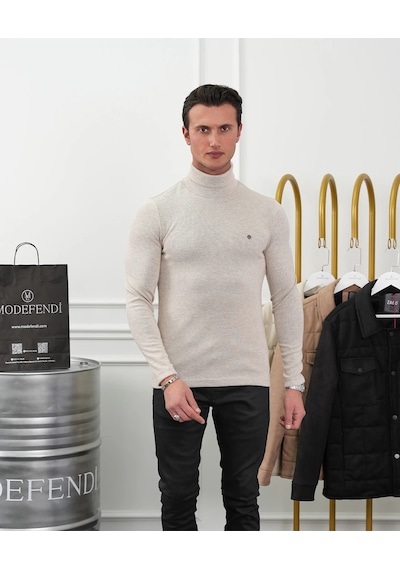Modefendi Slim Fit İtalyan Kesim Tam Balıkçı Boğazlı Kazak Bej
