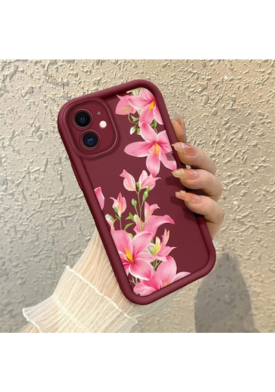 Apple  iPhone 11 Uyumlu Darbeye Dayanıklı Kamera  Korumalı Bordo Silikon Baskı Desenli Kılıf