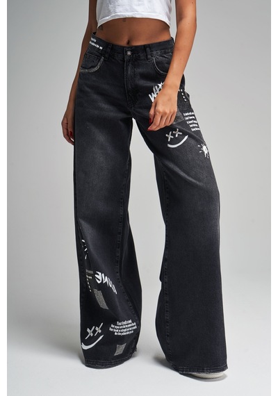 Itsbasic Kadın Koyu Füme Renk Hera Baskılı Parlak Taşlı Palazzo Fit Tasarım Denim Jean Taşlı Koyu Füme