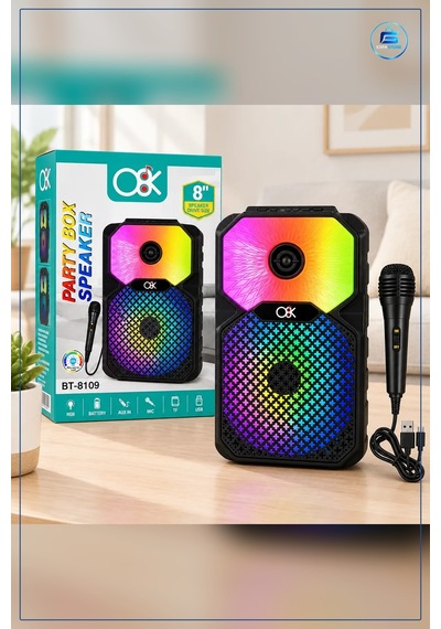 Bluetooth Hoparlör 8 İnç Mikrofonlu Karaoke Şarjlı Rgb Işıklı Kab