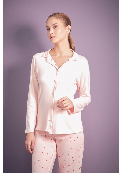 Fullamoda Kalp Desenli Gömlek Yaka 2 Li Pijama Takımı 24mıcg631216522-pudra Pudra