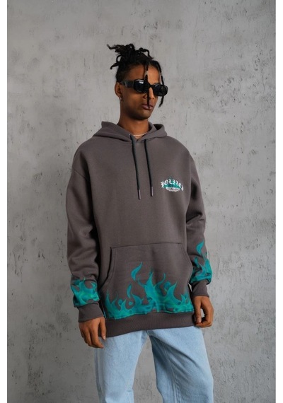 Erkek 3 İplik Pamuklu Alev Baskılı Kapüşonlu Hoodie Sweatshirt - Gri