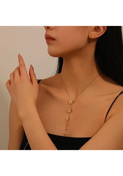 Kelebek Kolye Küpe Çelik Takı 354 Gümüş - Rose Gold