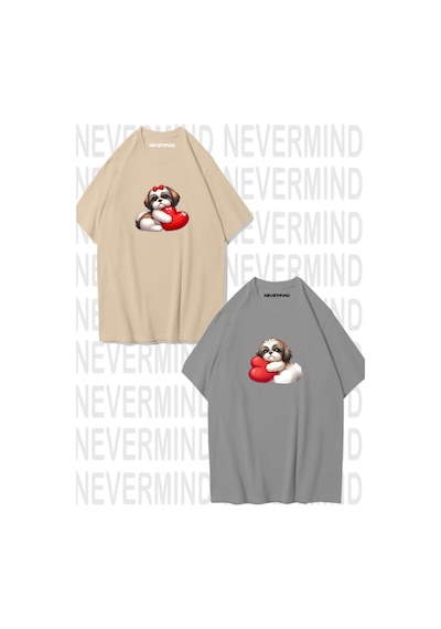 Nevermind Sevgili Kombini Sevimli Köpek Ve Kalp Baskılı Oversize Unisex Çif Bej