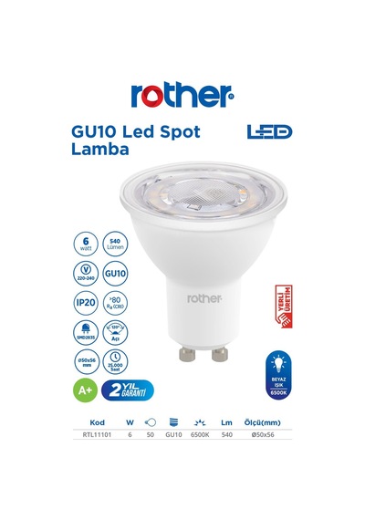 Rtl11101 Rother Gu10 Led Spot Ampul 6w 540 Lümen 6000k Beyaz Işık - Enerji Tasarruflu Ampul