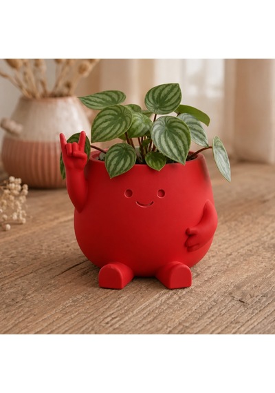3d Baskı Smiley Face Planter - Gülümseyen Karakterli Saksı-kırmızı