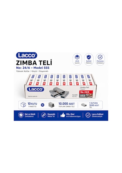 Lacco 24/6 Zımba Teli 10 Kutu 10000 Adet No:555 Metal Zımba Teli Ofis Okul Kırtasiye